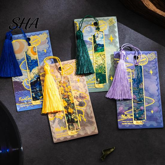 Miniature Decorative Bookmark Metal Bookmarks with Tassel, Hollow Out Oil Painting Theme Book Tassel Page Mark, Reading Accessory for Lovers,