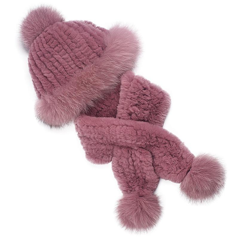 Women's winter warm two-piece scarf hat set, Rex rabbit wool thread thickened fur straw hat real hair scarf