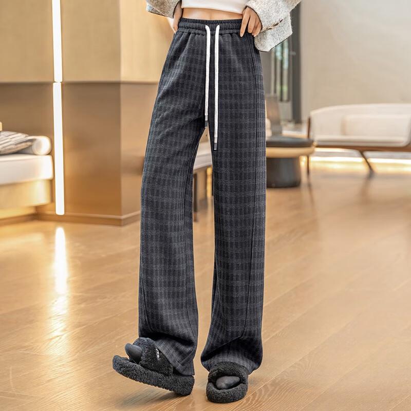 Women's High-Waist Drawstring Plaid Wide-Leg Pants