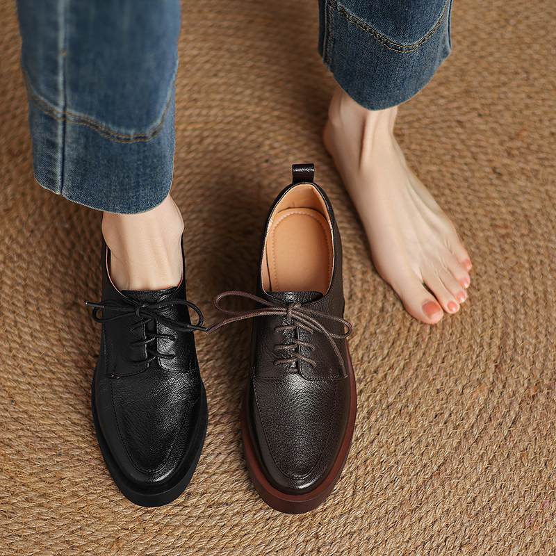 Krazing Pot Sheepskin Autumn Winter Shoes Chunky Heels Size 43 Size 42 Round Toe Lace Up Deep Mouth Retro Fashion Pumps