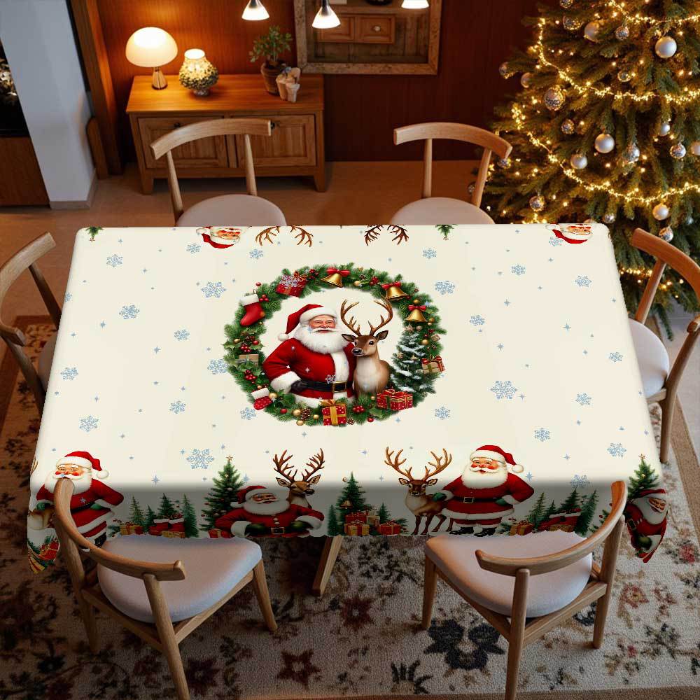 Christmas Tablecloth, Santa Reindeer Christmas Tree Gift, Snow Print, Household Table Cloth, Christmas Decoration Round tablecloth-152x152cm