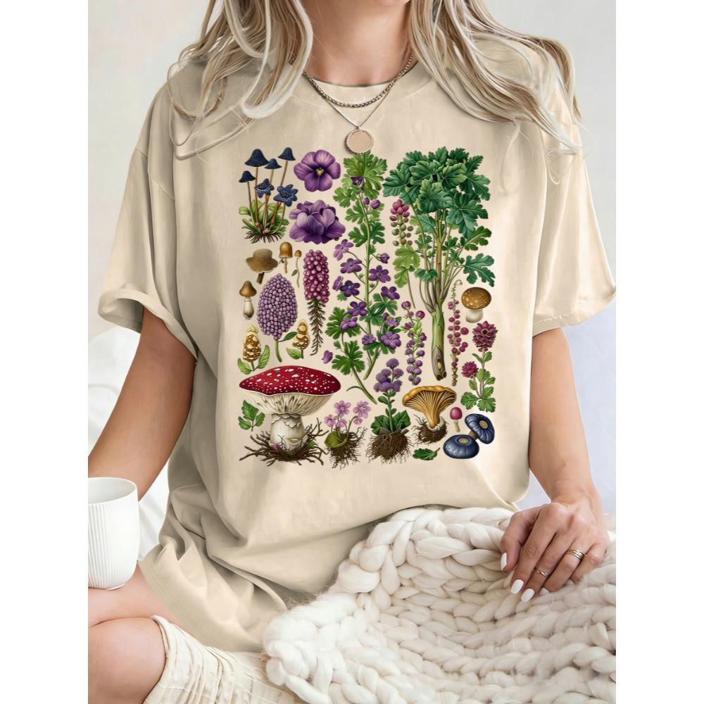 

Retro Mushrooms Flowers Herbaceous Plants Design Women T-Shirt Crewneck Clothes Cotton T Shirt Oversized Summer S