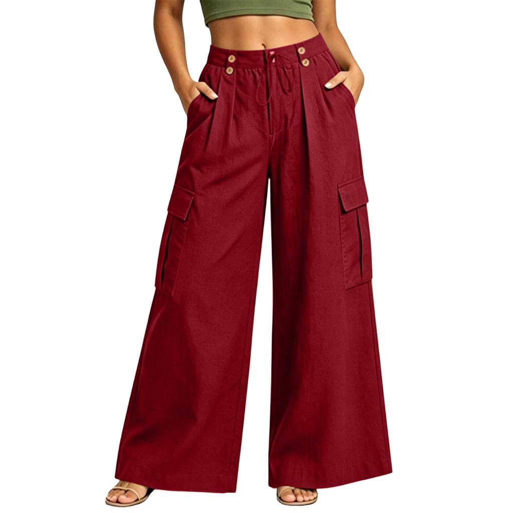 Women Wide Leg Cargo Pants High Waist Button Detail Loose Fit Casual Trousers with Side Pockets and Pleated Design