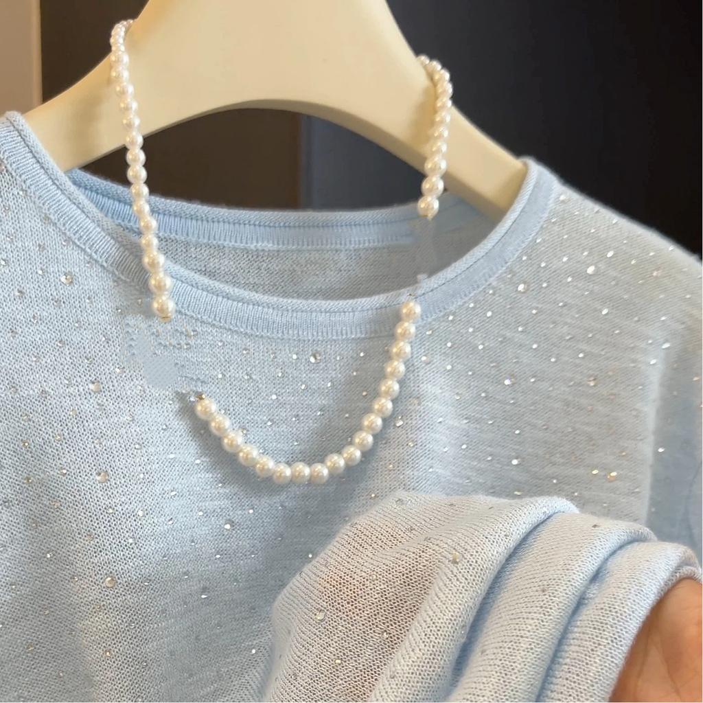 Blue Long Sleeved T-shirt Women's Ice Silk Knitted Thin Loose Top