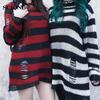 Punk Gothic Long Unisex Sweater Women Striped Cool Hollow Out Hole Broken Jumper Loose Rock Thin Dark Streetwear Top