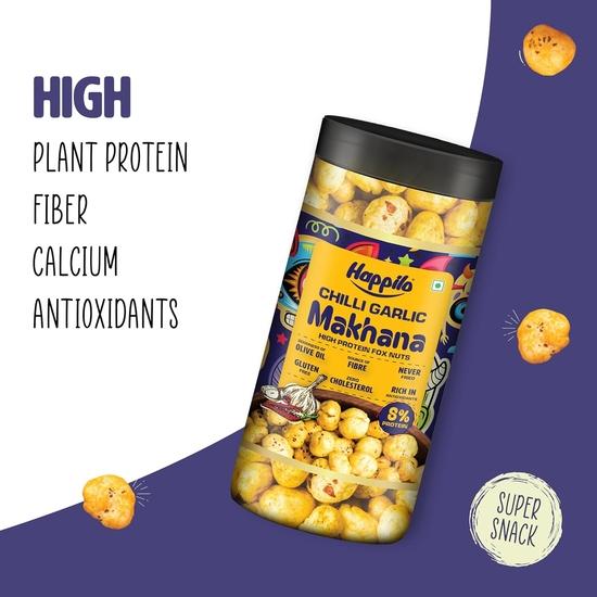 Happilo Premium Super Snack Makhana Chilli Garlic 60g, Roasted Foxnut Healthy Snack Low Calorie Gluten Free and Vegan