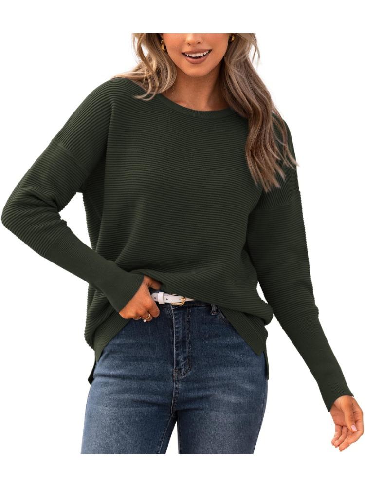 Autumn Winter Women's Sweater Long Sleeve Ribbed Knit Pullover Loose Round Neck Batwing Split Luxurious Relaxed-fit Slimming and Versatile Top