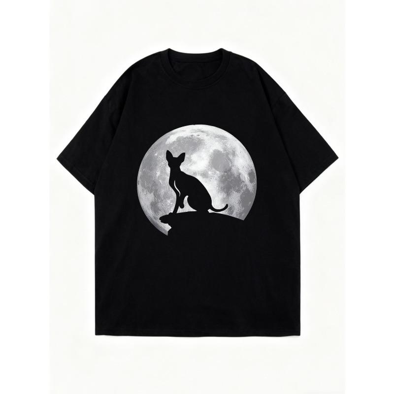 Black Oversized T Shirt With Cat And Moon Print For Casual Wear