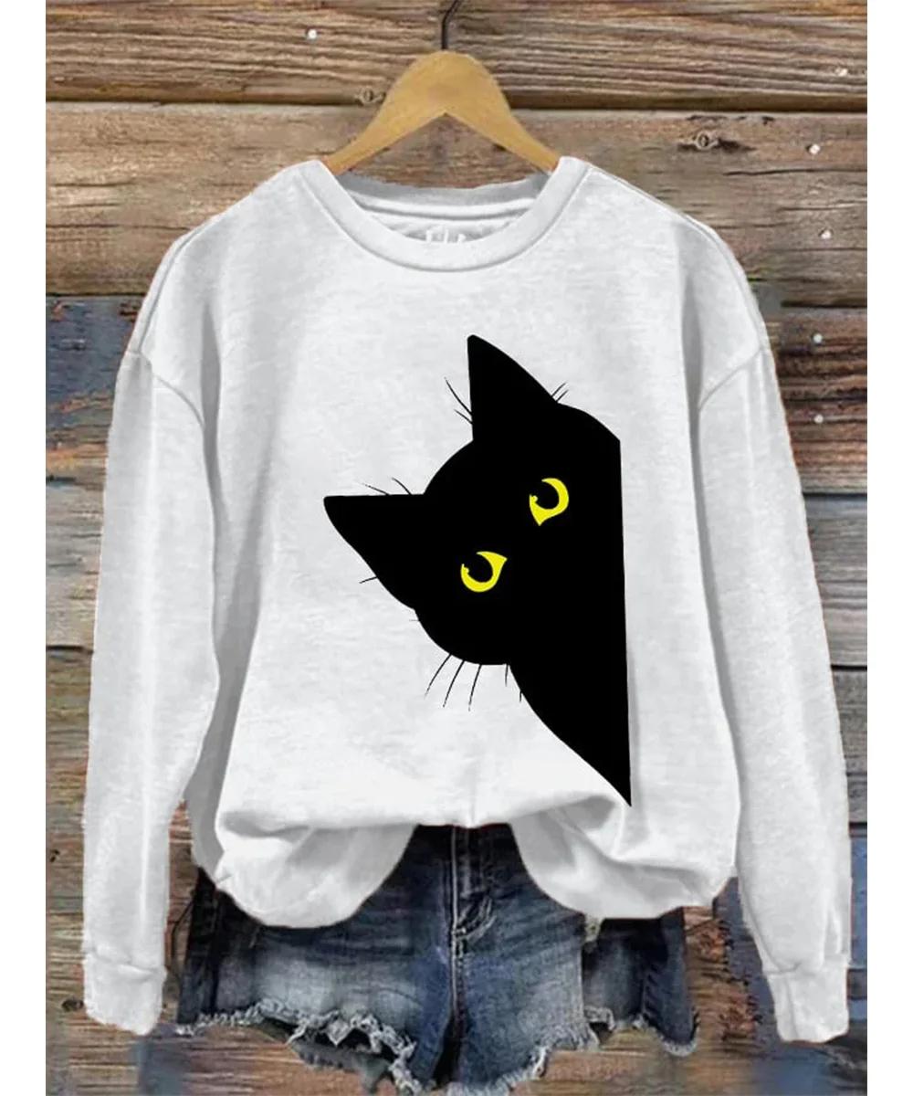 Черная толстовка с принтом кота 3D печать Худи Женская мода Толстовки с длинным рукавом Круглый вырез Уличная одежда Оверсайз Одежда для девочек 4XL 1200₽