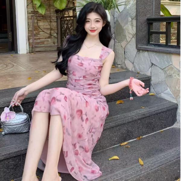 2025 Summer French Pink Chiffon Floral Slim Fit Camisole Dress