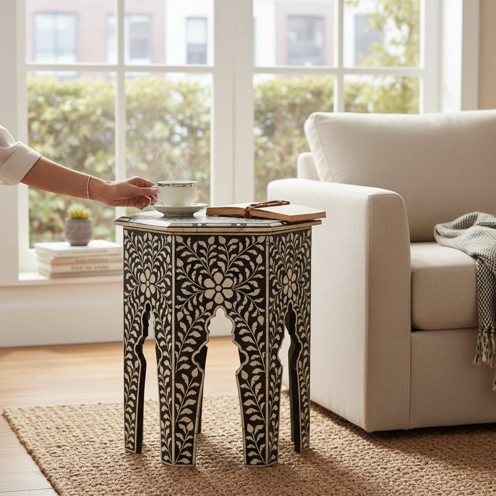 Bone Inlay Hexagon Side Table  Black & White Floral Moroccan Design-Handmade Accent Table Bone Inlay Side Table Indian Furniture Decor Art
