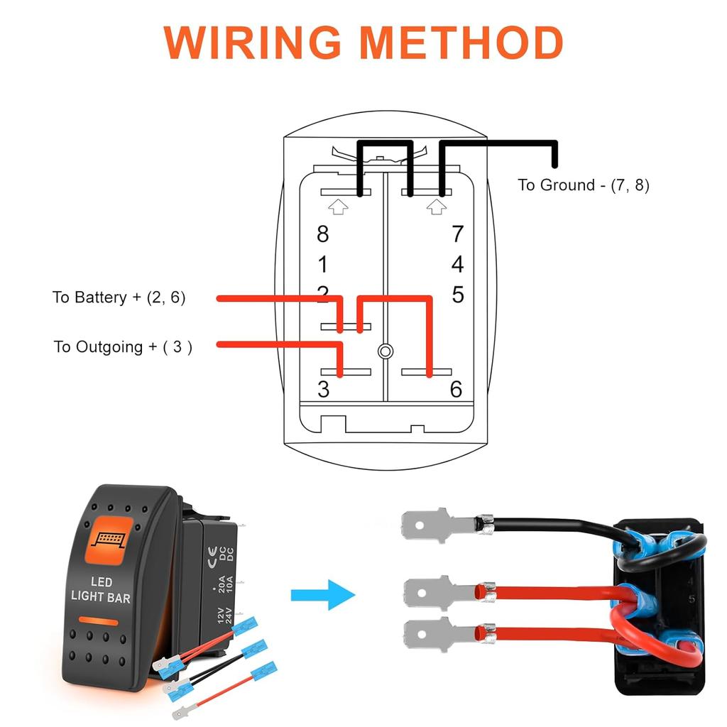 LED Light Bar Waterproof Rocker Switch Toggle On-Off 12V 24V 5Pin SPST Orange Backlit, with Jumper Wires Set Compatible for Polaris RZR Can-Am Car