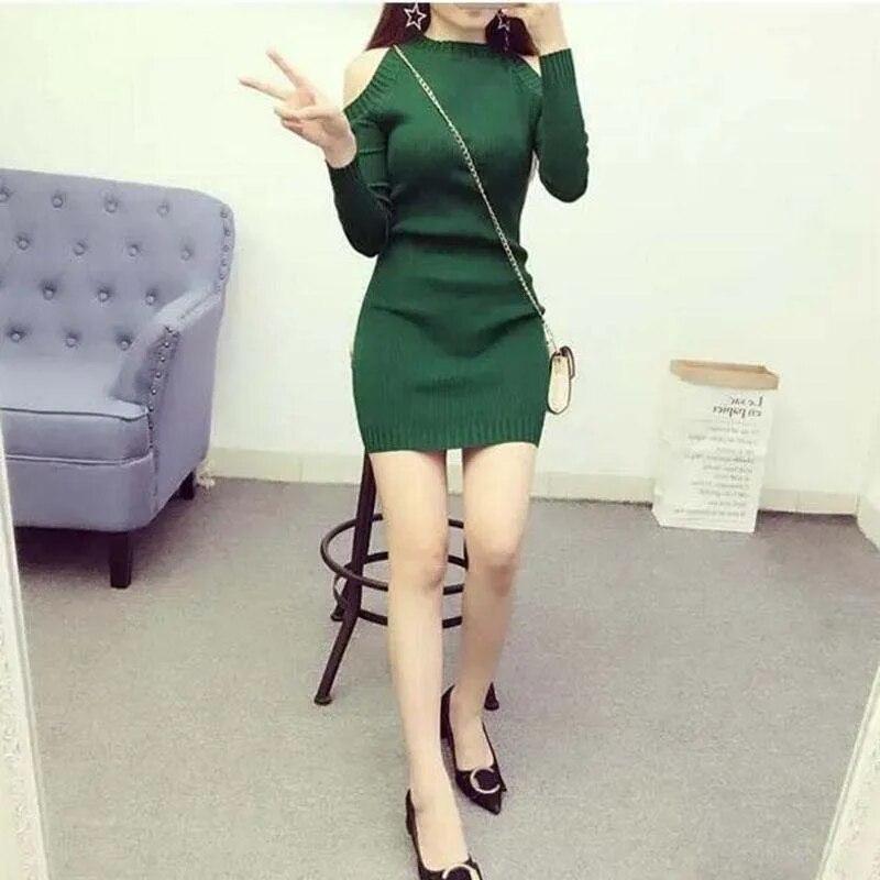 Schulterfreies, langärmliges Strickkleid für Damen, sexy und eng anliegender Strickpullover, Hüftwickel-Unterziehpullover, ausgehöhlt, mittellang