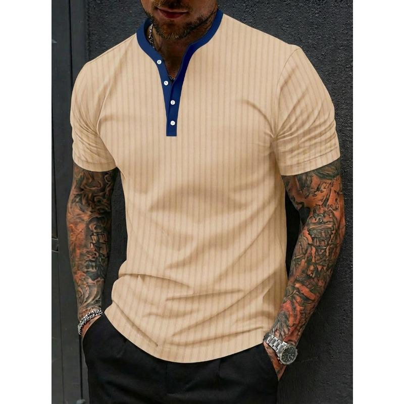 Mens Casual Striped Henley Shirt Short Sleeve Button Down Top