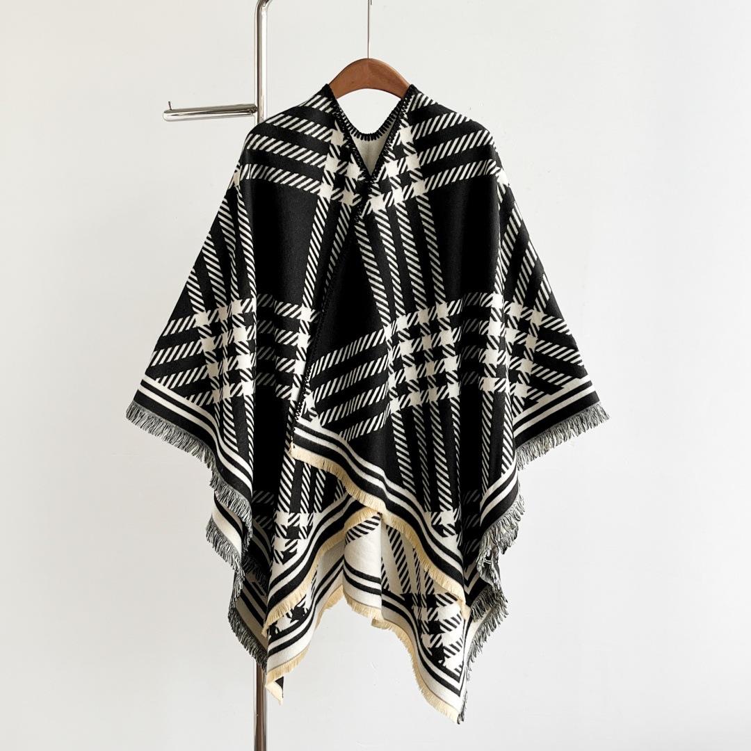 Women S Winter Thick Warm Double Sided Line Split Shawl Cape OneSize