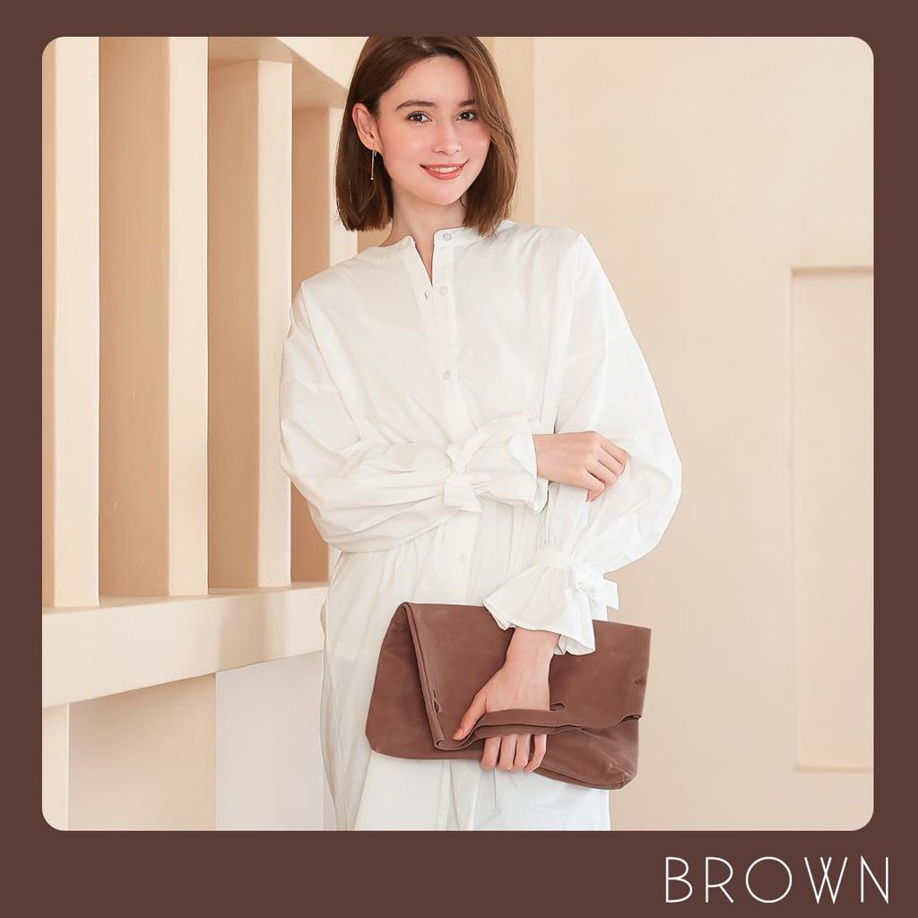 Nafka Women's Genuine Himeji Leather Tote Bag, Simple Design, Thin Gusset, 3-Way, CrossbodyClutch Bag, Made In Japan [NFK-72105] (Brown)