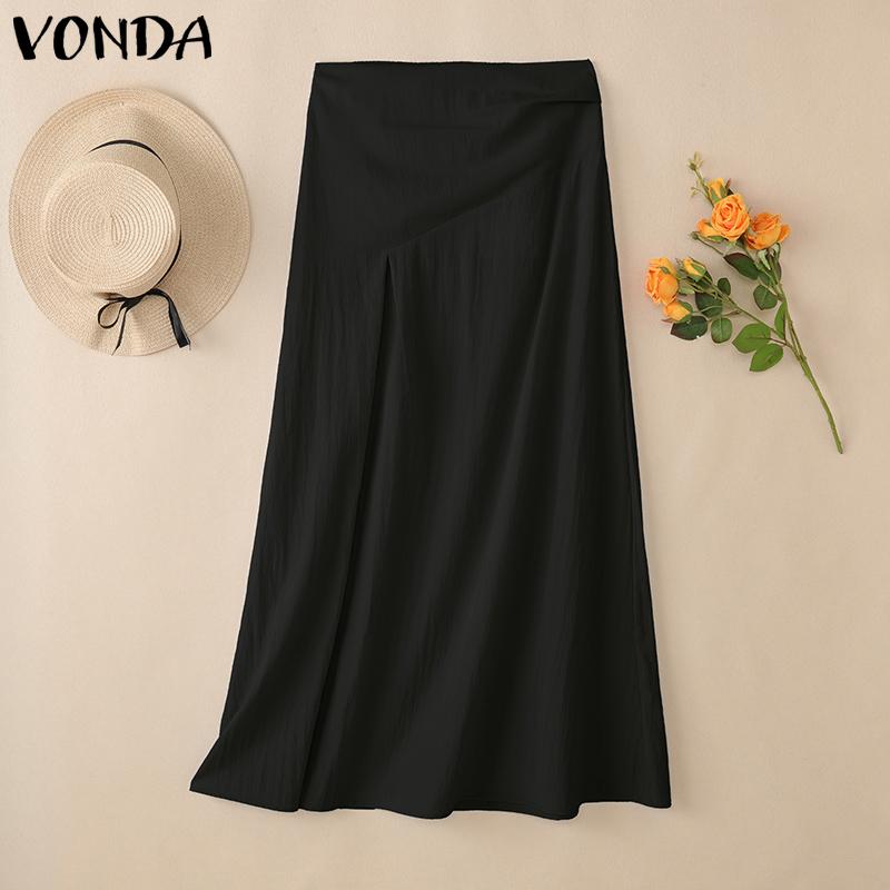 

VONDA Women High Waist Solid Color Splits Casual Long A-line Skirts L чорний