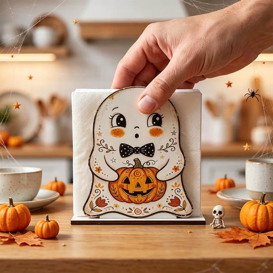 Teak Wood Napkin Stand Halloween Wooden Holder for Table Decor, Decorative Organizer Dispenser, Rustic Tabletop Cartoon Freestanding Paper Towel