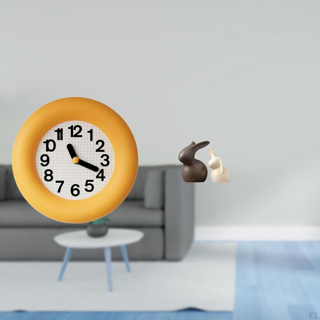 Silent Contemporary Wall Clock with Ceramic Bunny Statue Set for Kitchen Bedroom Dining Room Easter