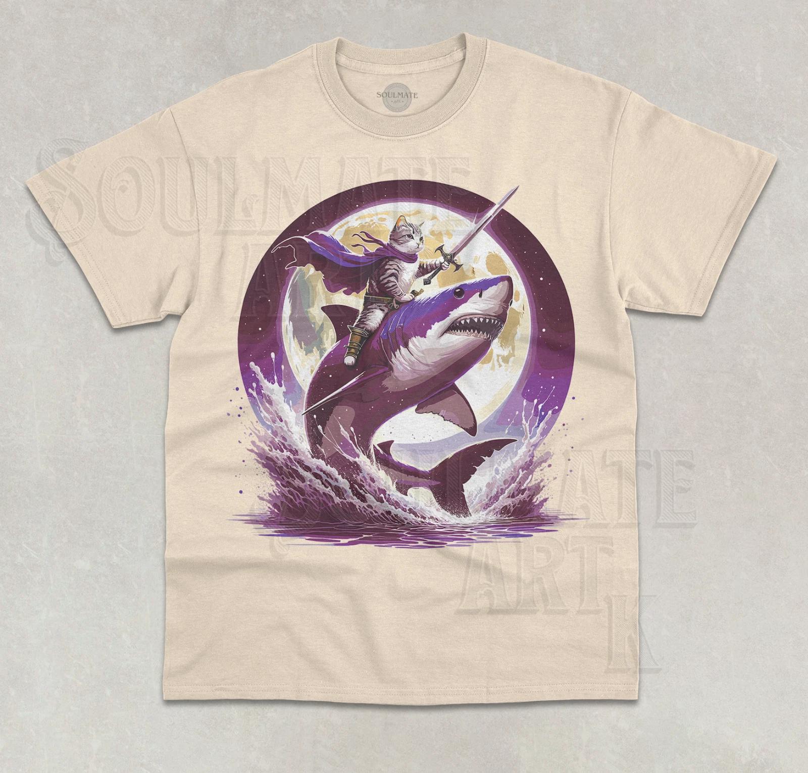 Cat Riding Shark Moon T- Shirt Shark Lover Rider Aesthetic Unisex Graphic Shirt 4XL