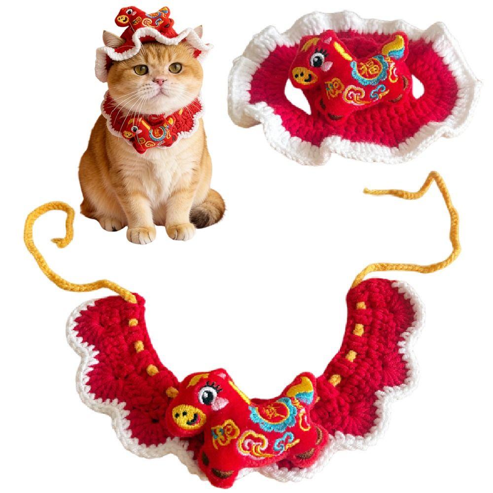 Cartoon Chinese Style Pet Scarf Red Zodiac Horse Design Pet Knitted Hat Adjustable Comfortable New Year Cat Headwear