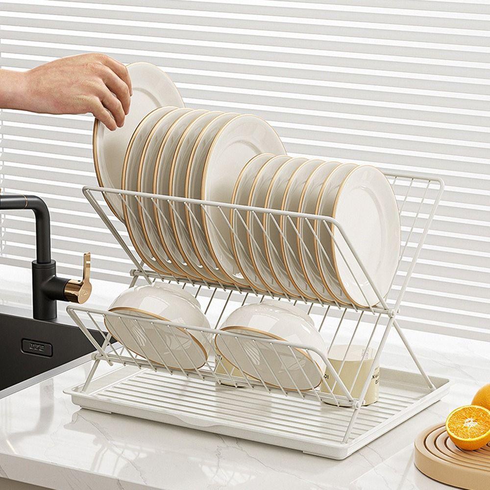 Non-slip Foldable Dish Drying Rack 2 Tier Plate Drying Shelf Kitchen Tableware Holder  Bow Plate