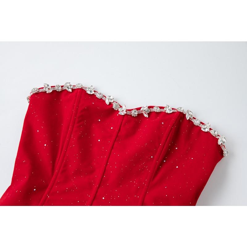 Summer Women Sexy Strapless Open Back Beading Velvet Slim Mini Short Evening Party Ball Gown Dresses