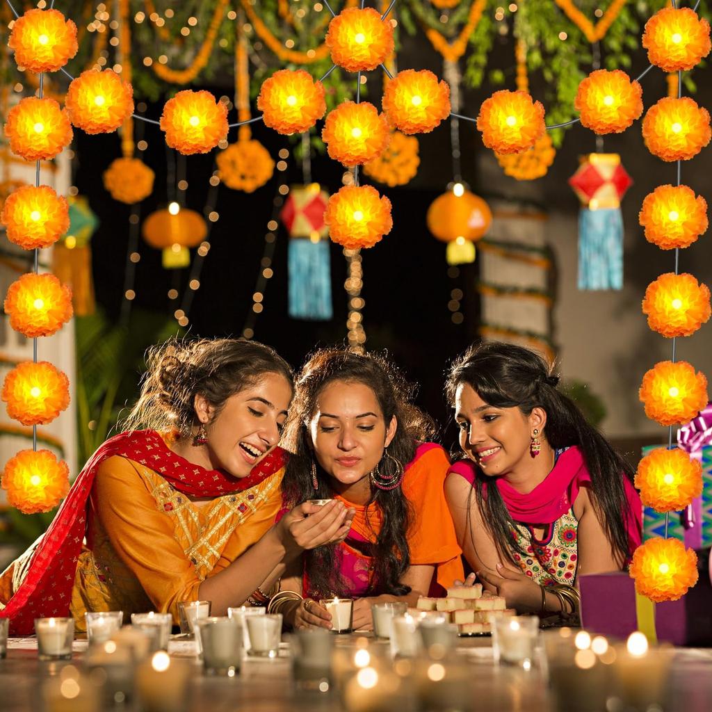 Artificial Marigold String Lights, Hanging String Lights Decorations, For Diwali, Horror Atmosphere Decorations, Total Length 10 Feet, 20 Lights