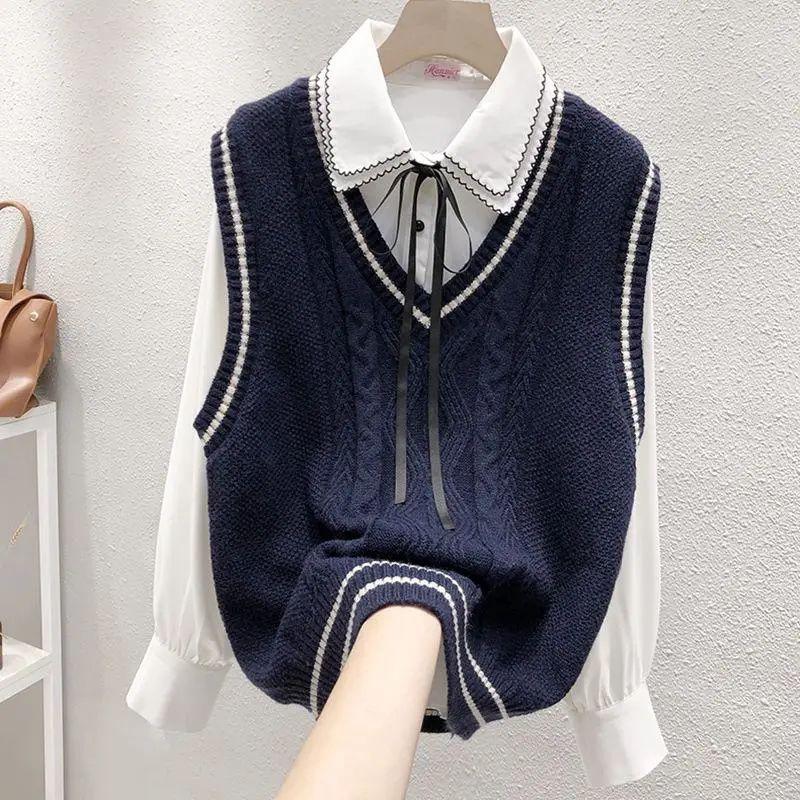 Literature and Art College Style Women's Knitted Vest Loose Autumn V-Neck Fried Dough Twists Sweater Bottom Shirt