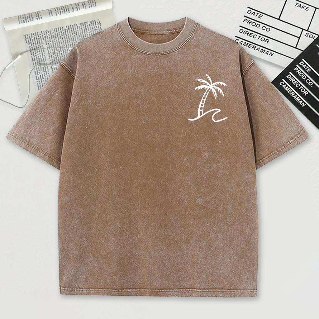 Simplified Coconut Tree Print Snow Wash Men Tee Shirts Summer Breathable O-Neck T Shirt Soft Washed Clothes Short Sleeve