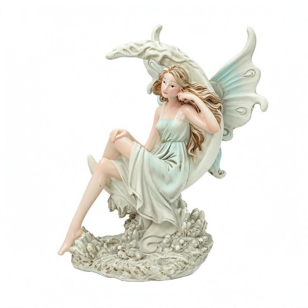Figurina Incantatrice Luna Verde Pallido e Curva Ornamento Fatato Resina