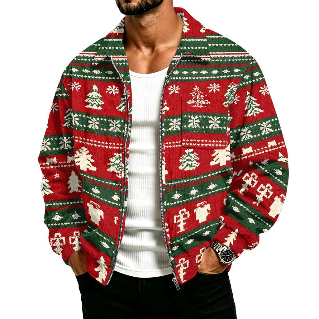 Herren Casual Cordjacke mit Taschen Reißverschluss Langarm Oberbekleidung Weihnachtsdruck