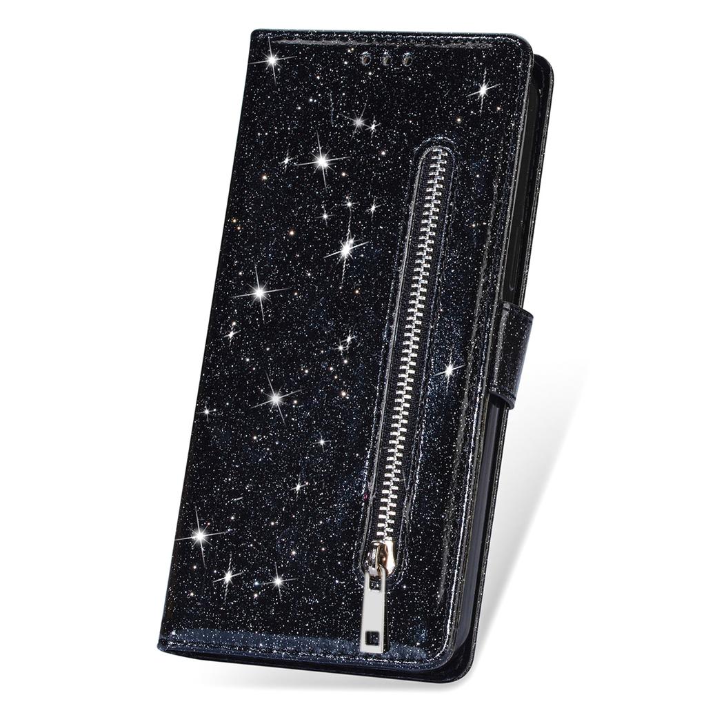 For iPhone 15 Glittery Zipper Pocket Leather Case Wallet Stand Anti-drop Phone Cover