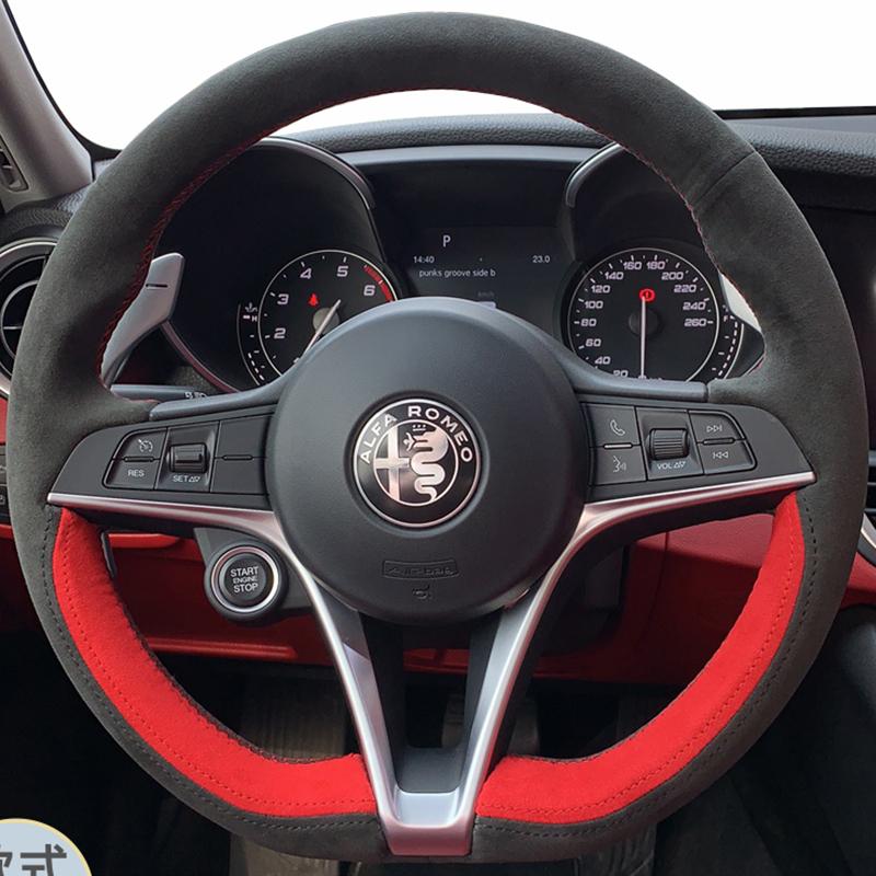 IMKC9 DIY Hand sewn Braid Black non-slip suede Car Steering Wheel Cover For Alfa Romeo Giulia Stelvio Giulietta Automotive Interior