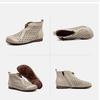 Johnature Retro Summer Short Boots Flat Side Zipper Genuine Leather Hollow-out Breathable Women's Shoes