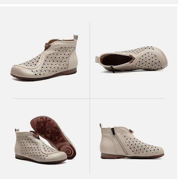 Johnature Retro Summer Short Boots Flat Side Zipper Genuine Leather Hollow-out Breathable Women's Shoes