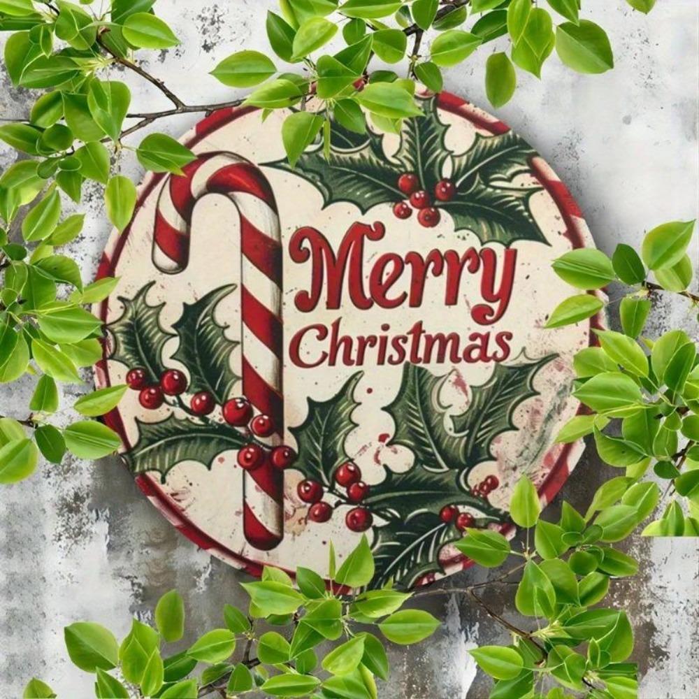 Vintage Christmas Metal Sign Candy Cane Holly Berry Decor Kitchen Wall Art Gift