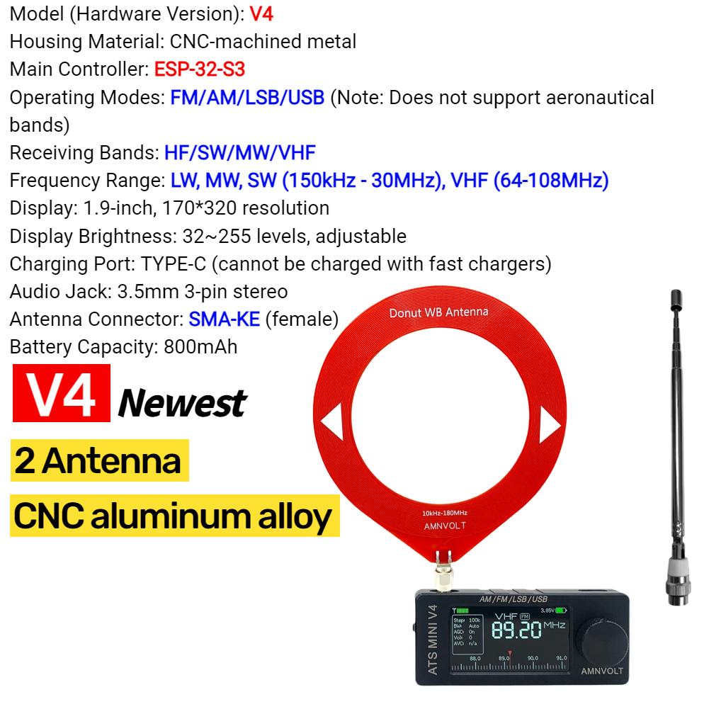 AMNVOLT V4 ATS MINI SI4732 All Band DSP Radio FM AM SSB LSB USB Receiver Pocket Radios Built-in Hi-Z Headphone Amplifier Genuine