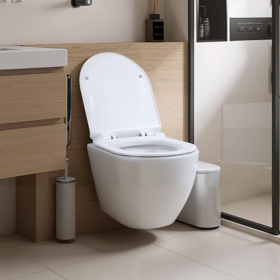Rimless Wall Hung Toilet, Wall Mounted Toilet Bowl with Soft Closing Seat, Space Saving Round Floating Toilet with 360-degree Single Hole Super Swirl