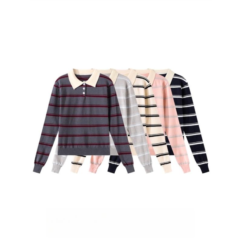 A New Design Striped Polo Neck Knitted Sweater for Women In Autumn and Winter, A Versatile, Slimming and Figure-hugging Long-sleeved Top