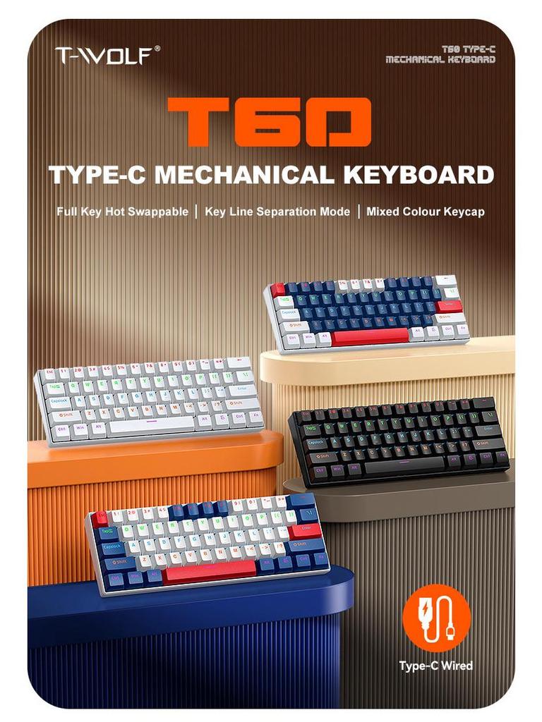 T-WOLF T60 61-Key Hot-Swappable Mechanical Gaming Keyboard with Mixed-Light and Two-Tone Blue Switch (Russian)