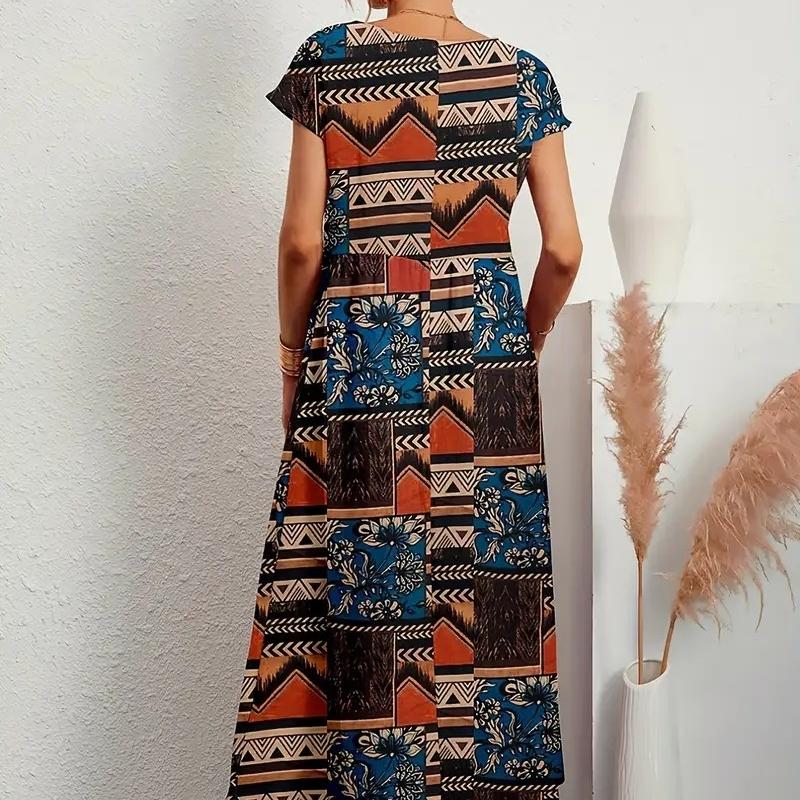 QICED Fashion Ladies Loose Cotton Linen Sleeveless Crew Neck Print Summer Dress