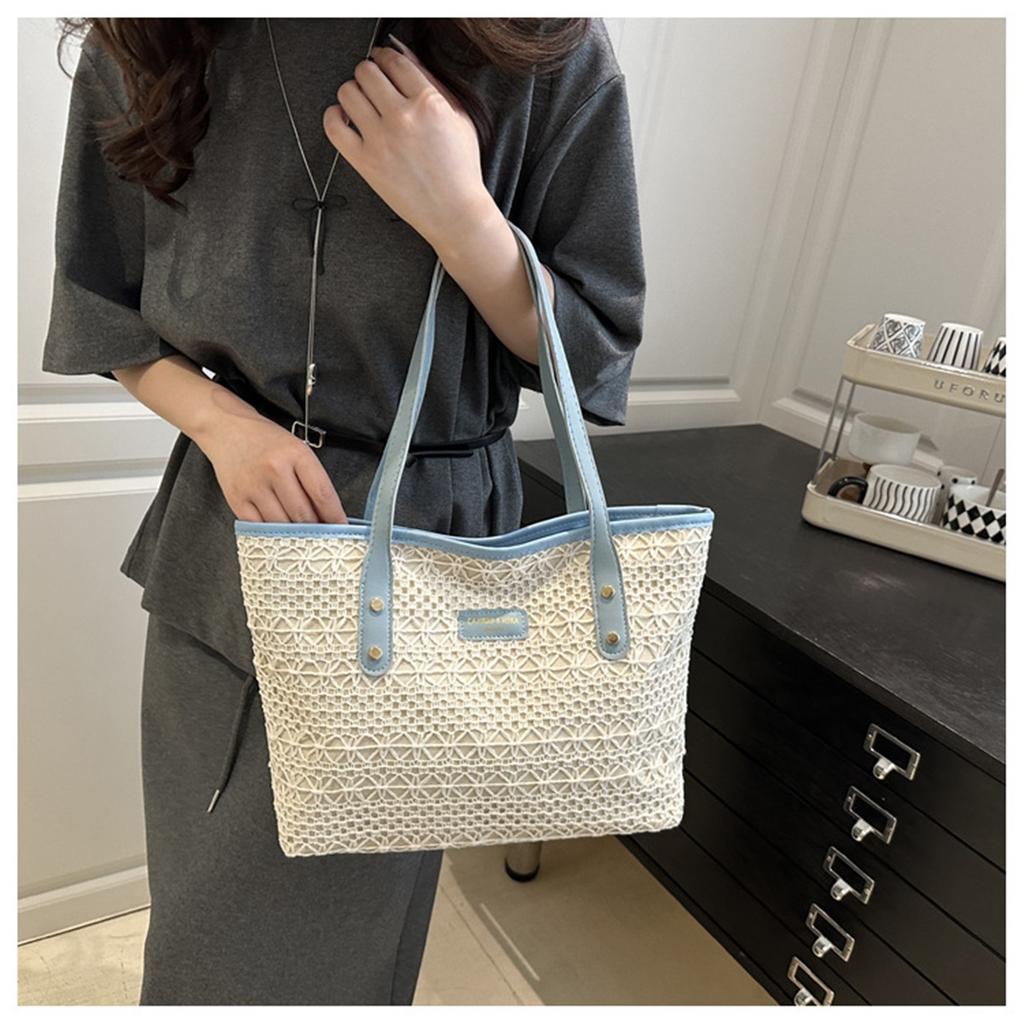 Frisches Temperament Modedesign Ozeanisches Colorblocking Strohstruktur Einzelne Schulter Achseltasche Damen