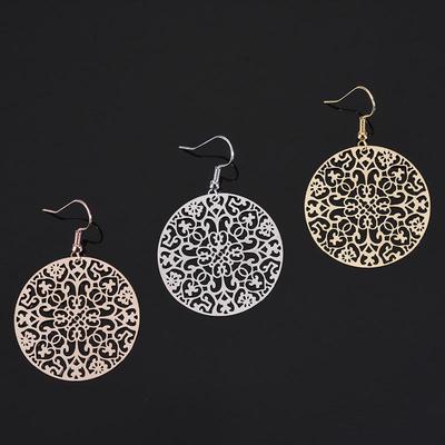 Personalized Ethnic Style Copper Earrings: Hollow Round Carved French Texture Retro Design for Women.