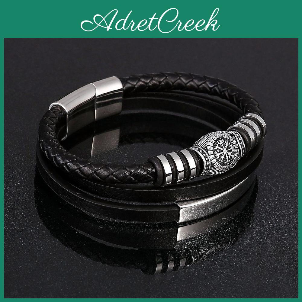 Multilayer Rune Viking Leather Compass Bracelets Mens Stainless Steel Magnet Clasp Wristband Vintage Norse Male Amulet Jewelry