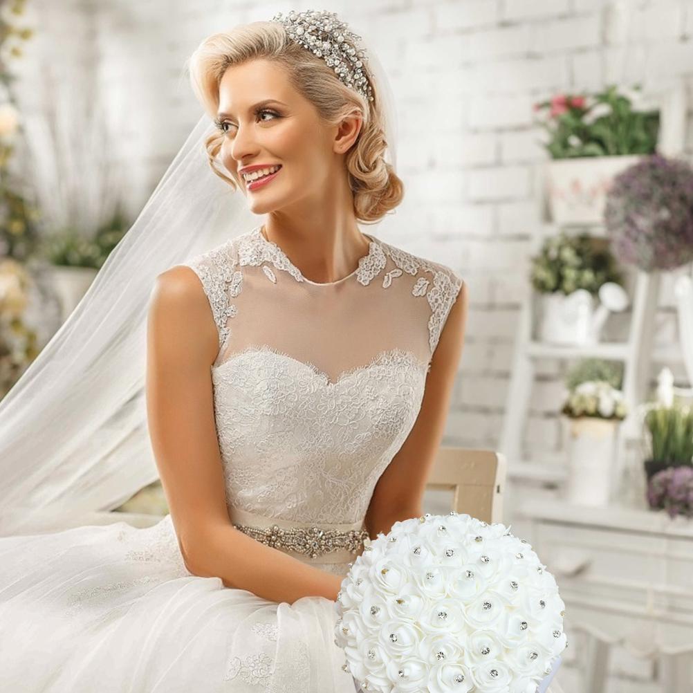 Weißer Brautstrauß Künstlicher Rosenstrauß mit Kristallperle für Hochzeit Verlobung Zuhause