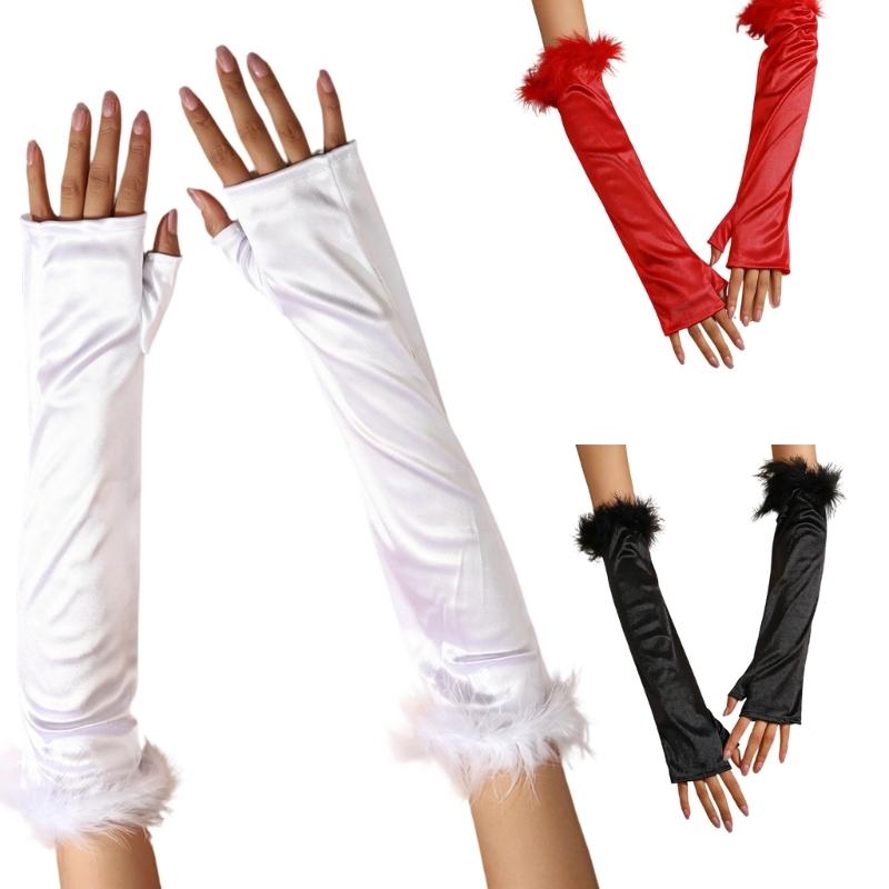 Wedding Gloves Proms White Gloves Feather Long Gloves for Operas Women Lady Proms Costume Accessories