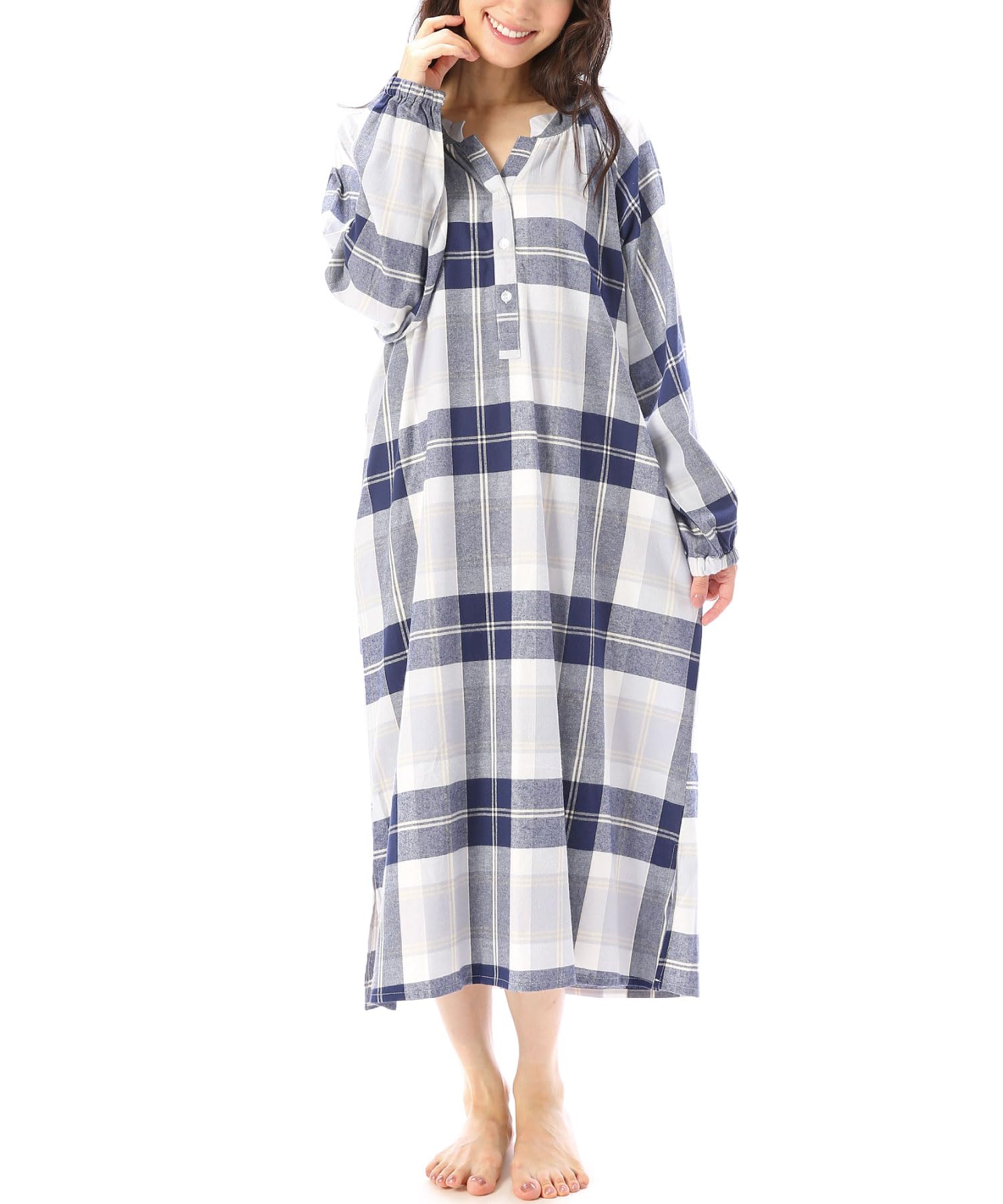 

ON NISHIKI Длинная открытая фланелевая ночная сорочка в клетку, женская пижама с рукавом, 100% хлопок, спереди, весна/осень, материал, приятный к коже, длина,