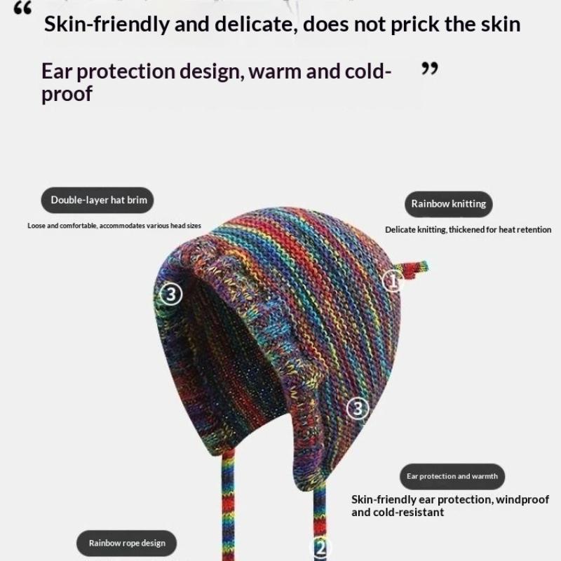 New Rainbow Striped Knitting Beanie Hat Women Girl Winter Warm Crochet Ear Protection Cap