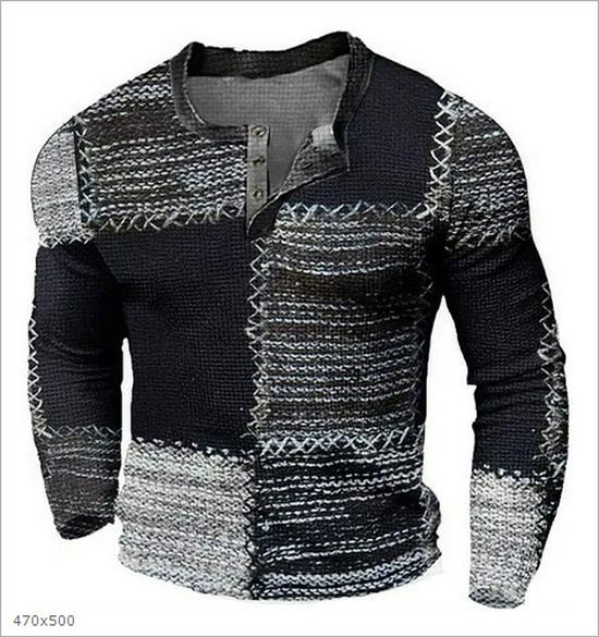 Evropské a americké slim fit plus size tičko bez límečku s potiskem, ležérní s dlouhým rukávem